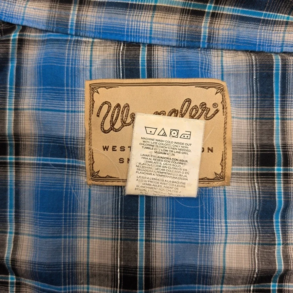 Wrangler Mens Western Snap Shirt Blue Plaid Metallic Thread Long Sleeve Medium